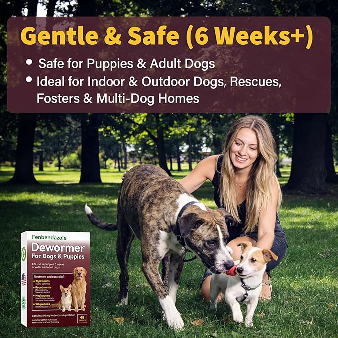 Dog Dewormer for Dogs & Puppies, Fenbendazole All Wormers Tablets for Tapeworms, Roundworms, Hookworms & Whipworms, 48 Count