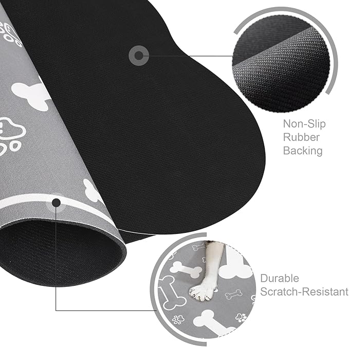 Dog Cat Food Mat,Rapid Absorbent Pet Feeding Mat, Bone Shaped Dog Placemat Water Bowl Mat with Rubber Backing,No Stains Dog Cat Food Mats Indoor, Pet Accessories Supplies 23"x36" Grey