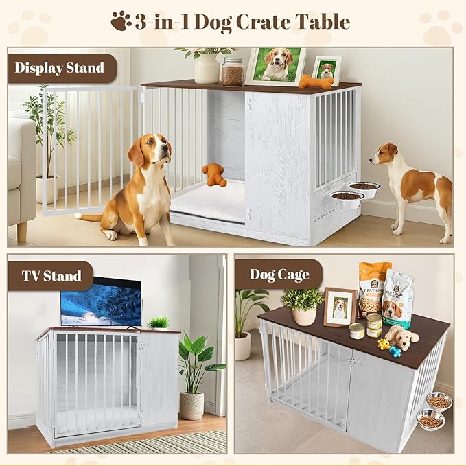 TBWIND Dog Crate Furniture for Large Dogs, 36" Indoor Wooden Dog Kennel with 270° Swivel Door & 360° Rotating Feeder, Decorative Heavy Duty Dog House with Double Locks & Bowls, White