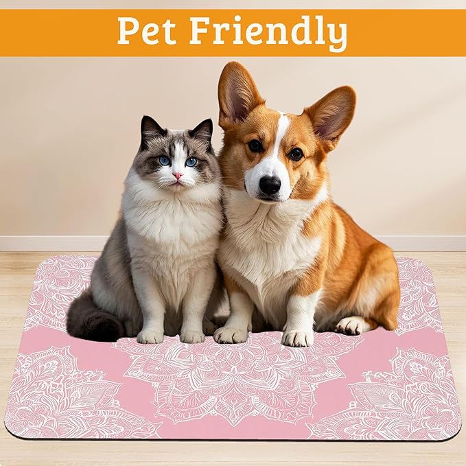 Pet Feeding Mat,Boho Mandala Absorbent Dog Cat Food Mat Pink Flower Dog Mat with Rubber Backing,Non-Slip Water Bowl Placemat,Pet Supplies 12" x 20"