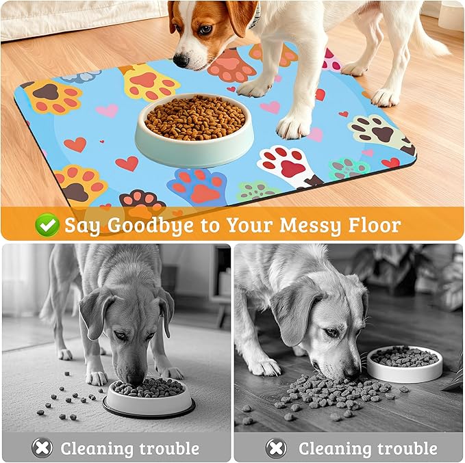 Pet Feeding Mat,Dog Paws Absorbent Dog Cat Food Mat Cute Cat Dog Mat with Rubber Backing,Non-Slip Water Bowl Placemat,Pet Supplies 16" x 24"