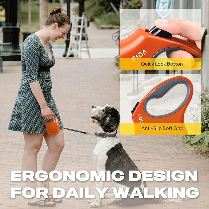 Fida Retractable Dog Leash, 16ft Heavy Duty Pet Walking Leash for Medium/Large Dog up to 110 lbs, Tangle Free. One-Hand Brake (Large, Orange)