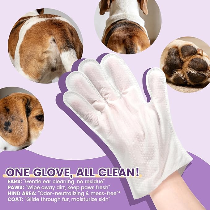IMMHABI 50 Pcs Cleaning Deodorizing Pet Glove Wipes for Dogs & Cats, Hypoallergenic Dog Bath Wipes with Natural Deodorizer Persimmon Tannin, Pet Bathing Wipes for Horse Coat Care Lavender Scent