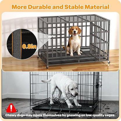 Hiwokk 42 Inch Heavy Duty Dog Crate, Indestructible Escape-Proof Dog Kennel for High Anxiety Large Dogs, Strong Metal Pet Cage with Double Doors, Lockable Wheels & Removable Tray, XL XXL XXXL