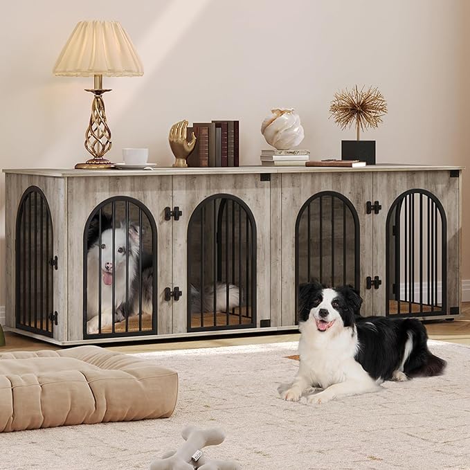 Hzuaneri 71" Dog Crate Furniture for 2 Dogs, Heavy Duty Indoor Dog Kennel TV Stand, XL Wooden Dog Cage with Divider for Medium Large Dogs, End Table Dog Crate with Cushion, Greige Black DFC81905B