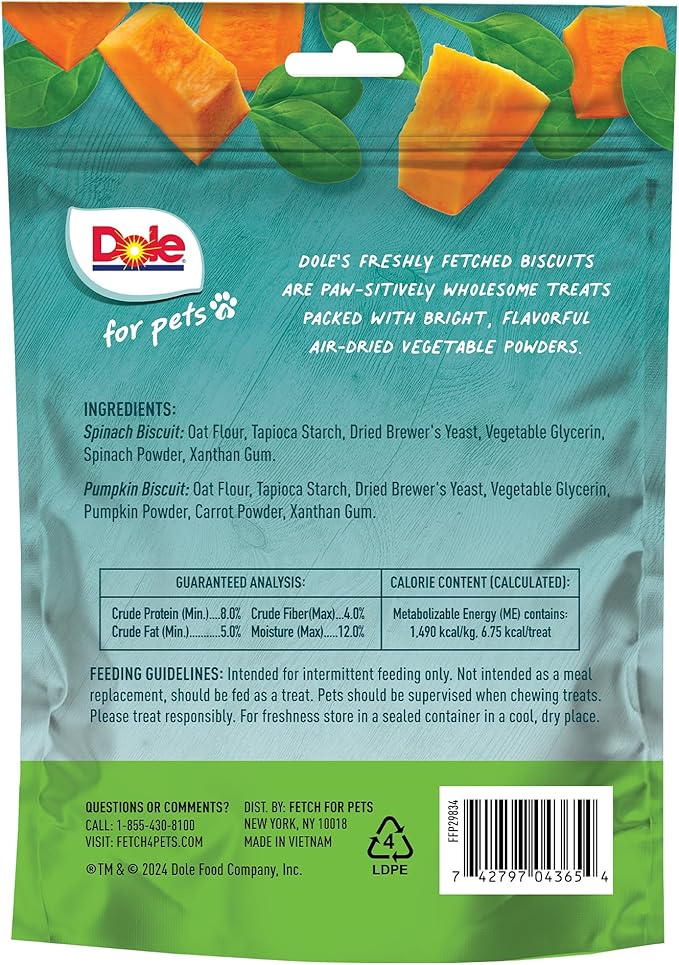 Dole for Pets Dog Biscuits Assorted Spinach + Pumpkin Mix, Real Vegetable Flavor Vegan Crunchy Treats, No Wheat Corn Soy or Artificial Additives, Bite Size Training Snacks for Dogs, 7 Oz - 6 Pack