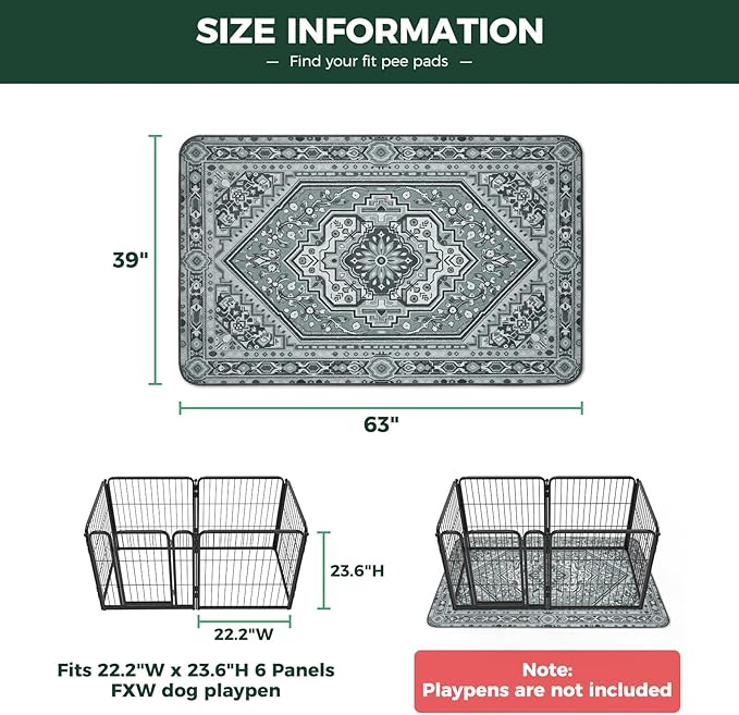FXW Washable Pee Pads for Dogs, Leak-Proof & Non-Slip, Specifically Designed for FXW Rollick/Homeplus 24inch 6 Panels Dog Playpen, 39" x 63" Rectangle, Boho Grey, 1 Pack