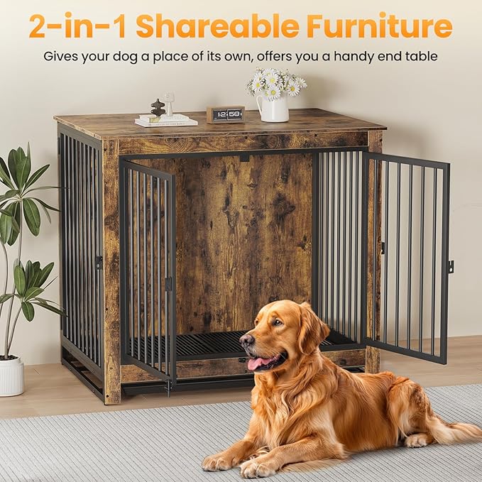 Derfullo Dog Crate Furniture, 42 Inch Indoor Large Dog Kennel for Medium to Large Dogs Up to 70 LBS, Heavy Duty Wooden Pet Cage End Table with 3 Doors, Alloy Steel Frame & Removable Tray