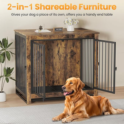 Derfullo Dog Crate Furniture, 42 Inch Indoor Large Dog Kennel for Medium to Large Dogs Up to 70 LBS, Heavy Duty Wooden Pet Cage End Table with 3 Doors, Alloy Steel Frame & Removable Tray