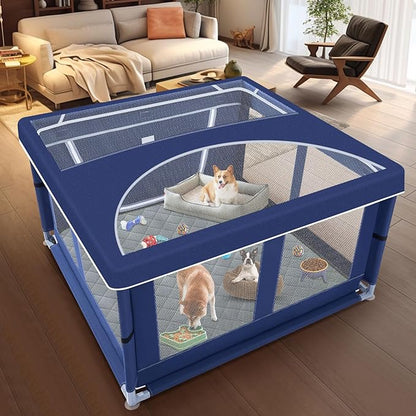 XVISHX 42x42 Inches Puppy Playpen with Cover&Dog Pads, Dog Playpen for Puppies or Small Dogs, Pet Playpen for Indoor & Outdoor, Sturdy Safety Dog Pen with Thickened Fabric