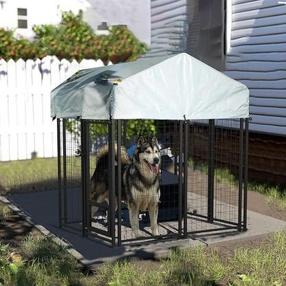 LEMBERI 4x4x4 Outside Dog Kennel with Roof for Large Dogs,Heavy Duty Welded Wire Steel Dog Playpen Fence with Secure Lock, Pet Pen with UV-Resistant Waterproof Cover (45.4''L x 50.4''W x 56.6''H)