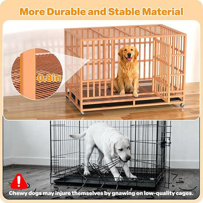 Hiwokk 48 Inch Heavy Duty Dog Crate, Indestructible Escape-Proof Dog Kennel for High Anxiety Large Dogs, Strong Metal Pet Cage with Double Doors, Lockable Wheels & Removable Tray, XL XXL XXXL