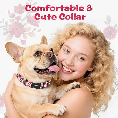Kazazoo Dog Collar Cute and Soft Nylon Puppy Collar for Boy and Girl, Adjustable Dog Collars for Small Medium Dogs, Red Flowers-S
