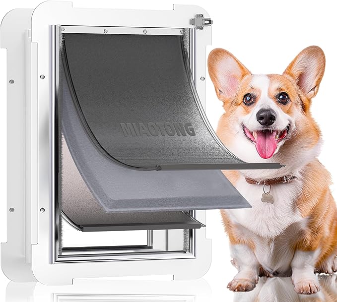 3-Flap Medium Dog Door for Door with Metal Sliding Lock Panel, Energy Efficient Pet Door with Steel Frame, Telescoping Tunnel,Never Rust Ruff Weather Doggie Door （Pets Up to 40 Lb）