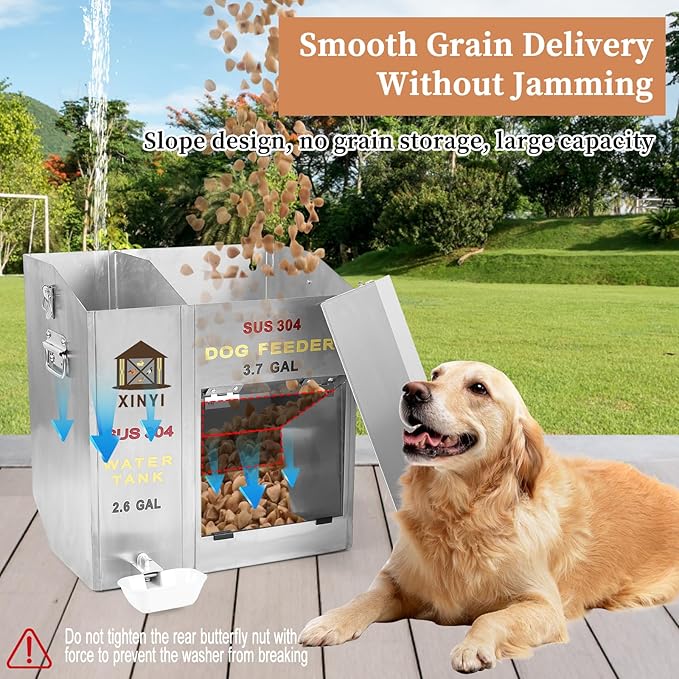 Xinyi Stainless Steel Dog Feeder and Waterer 2-in-1, Gravity Dog Feeder, Aluminum Alloy Water Cup, Automatic Feeder Waterpoof and Sturdy, Transparent Acrylic Observation Window, 3.7 Gallon