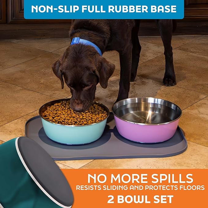 Master Pet Supply Stainless Steel Dog Bowls Set of 2 (128 Oz Each) with Non-Slip Rubber Base - Emerald Sea - Basic Dog Food Bowl Water & Food Bowls for Small Medium Large Dogs & Cats, Metal Dish