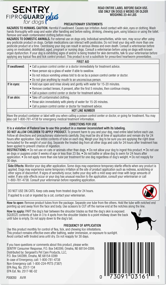 Sentry Fiproguard Plus for Dogs, Flea and Tick Prevention for Dogs (23-44 Pounds), Includes 3 Month Supply of Topical Flea Treatments