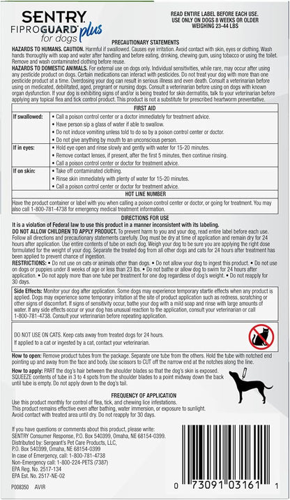 Sentry Fiproguard Plus for Dogs, Flea and Tick Prevention for Dogs (23-44 Pounds), Includes 3 Month Supply of Topical Flea Treatments