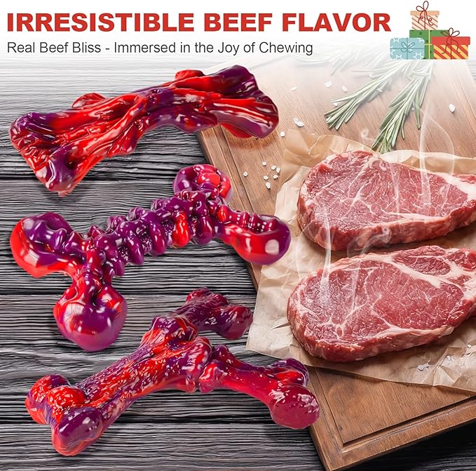 Kseroo Indestructible Dog Toys for Aggressive Chewers 3-Pack: Beef Flavored Dog Chew Toys, Tough Dog Toys for Medium & Large Dogs (20-90lbs), Hard Heavy Duty Nylon Dog Bone Toys to Keep Them Busy, Red
