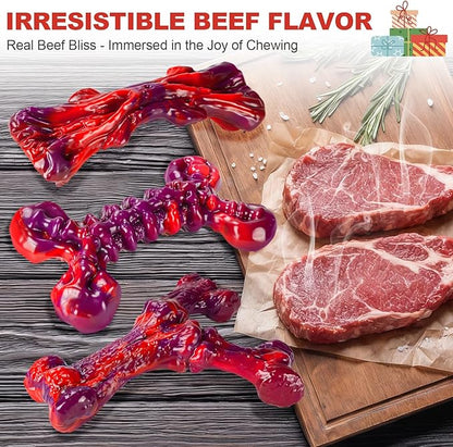 Kseroo Indestructible Dog Toys for Aggressive Chewers 3-Pack: Beef Flavored Dog Chew Toys, Tough Dog Toys for Medium & Large Dogs (20-90lbs), Hard Heavy Duty Nylon Dog Bone Toys to Keep Them Busy, Red