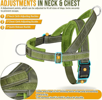 SlowTon No Pull Dog Harness - Heavy Duty Dog Harness and Leash Set for Medium Large Dogs, Reflective Tactical Harness with Soft Padded and Front Clip for Easy Walk and Training (GR, L)
