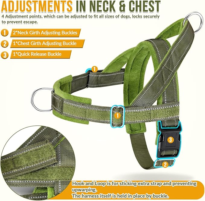 SlowTon No Pull Dog Harness - Heavy Duty Dog Harness and Leash Set for Medium Large Dogs, Reflective Tactical Harness with Soft Padded and Front Clip for Easy Walk and Training (Green XL)