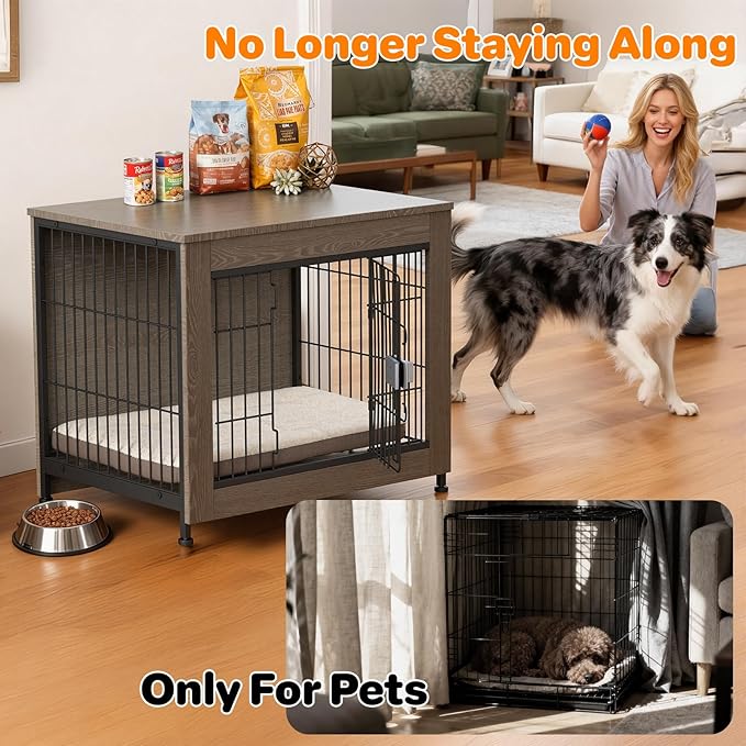 Dog Crate Furniture, Wooden Dog Crate 27in, Decorative Cage with End Table for Dog Indoor Kennel, High Anxiety Dog, Escape-Proof Locks for All Breeds