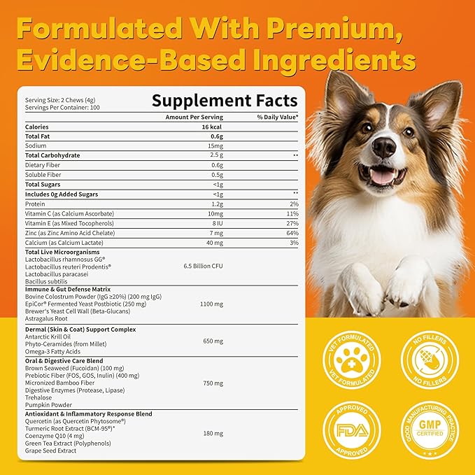 Dog Allergy Relief Chews 200ct Relieve Seasonal Allergies and Skin Itching Alleviate Licking Behavior Boosting Immunity and Hair Protection - Chicken