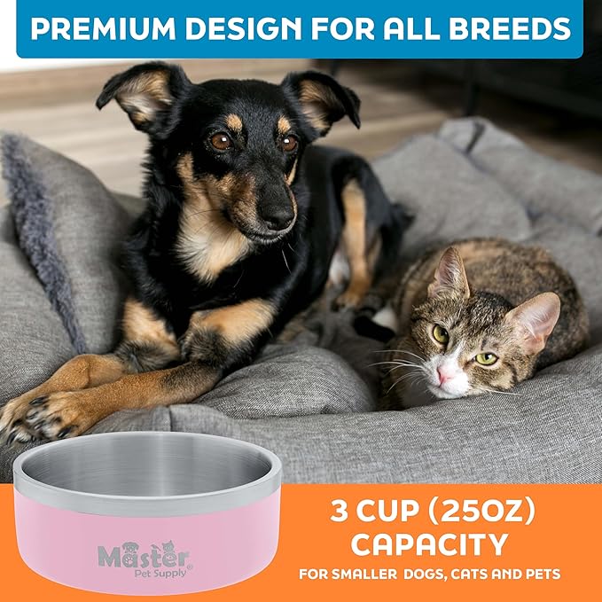 Master Pet Supply Stainless Steel Dog Bowls - 25 oz, Heavy Duty - Rose Quartz, Double Wall Extra-Thick Insulated, Non-Slip Pet Water Bowl for Dogs, Cats & Pets, Anti Rust Metal, Dish Washer Safe