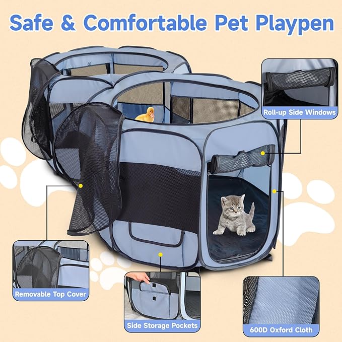 Pet Playpen Pop up Small Pet Cage Enclosure Tent Chick Run Brooder Coop Foldable Kennel for Kitten Ferret Puppy Guinea Pig Rabbit Hamster Chinchillas(No Divider, Unified Space)