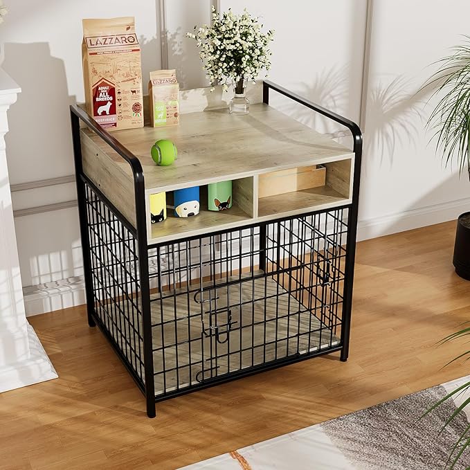 Kepptory Small Dog Crate Furniture with Drawers Storage, Puppy Dog Kennel Indoor with Double Doors, Heavy Duty Wooden Dog Cage Table, Sturdy Metal, Gray
