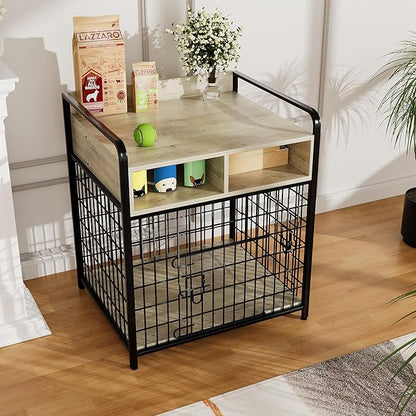 Kepptory Small Dog Crate Furniture with Drawers Storage, Puppy Dog Kennel Indoor with Double Doors, Heavy Duty Wooden Dog Cage Table, Sturdy Metal, Gray