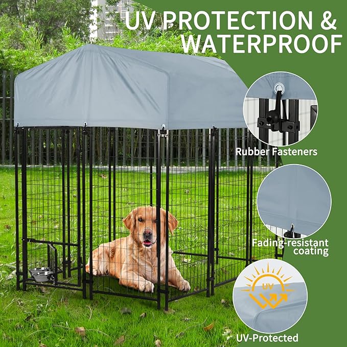 Outdoor Dog Kennel Outside Run with Doggy Door, Swivel Feeder & Roof, 6'x4'x6' Large Dog Kennels Pens Outside for Large Dogs Breed-Heavy Duty Cage Enclosure Yard