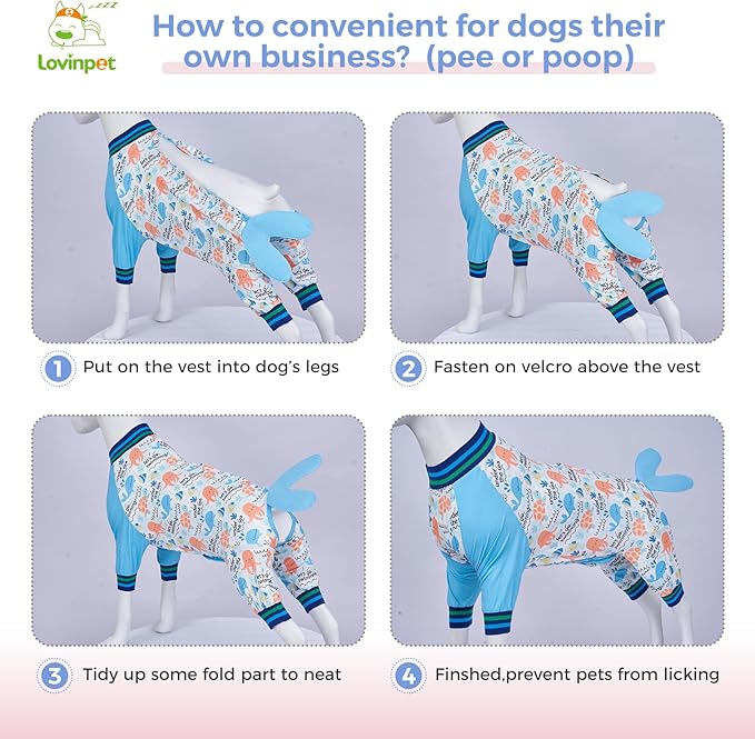 LovinPet Dog Recovery Suit - Medium Large - Dog Bodysuit for Abdominal Wound After Surgery Anti Licking Abdominal Wound Surgical Clothes Post-Operative Vest E-Collar Alternative,Whale,Blue,M