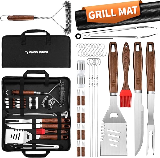 PURPLEBIRD 31PCS Grill Set for Outdoor Grill - Grilling Gift for Men & Dad, Heavy Duty Stainless BBQ Tools Kit for Camping, Grilling Utensils Set with Cleaner Brush, Thermometer, Storage Bag, BBQ Mat