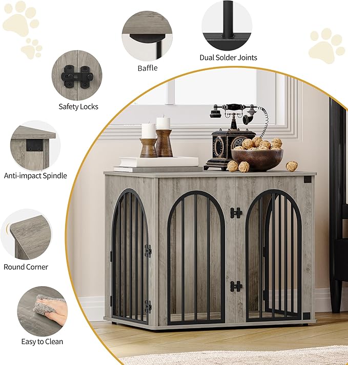 Hzuaneri 26.8'' Wooden Dog Crate Furniture, Indoor Dog Kennel Dogs Cage for Small Dogs, Heavy Duty Dog Crates Decorative Pet House End Side Table TV Stand, Greige DFC85505B