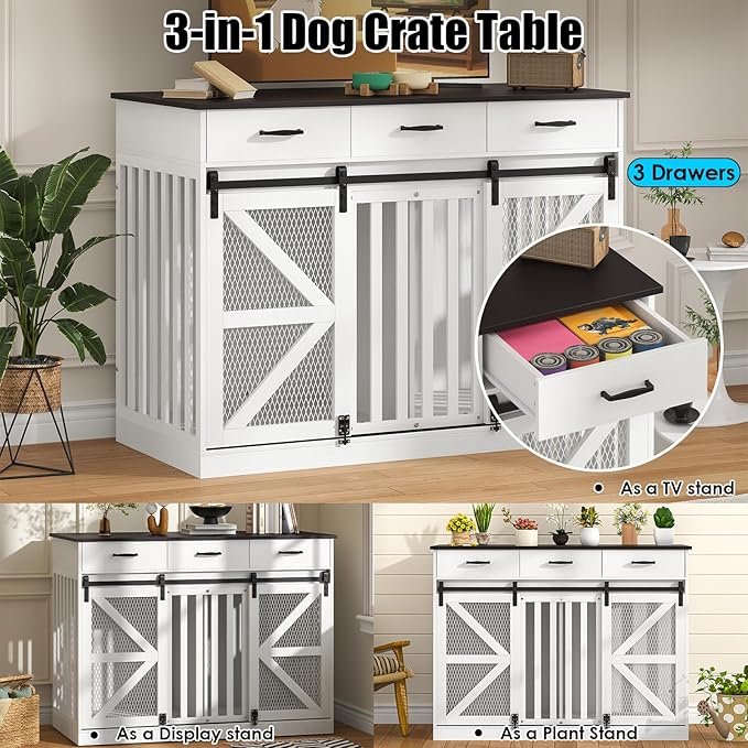 47 Inch Wooden Dog Crate Furniture for 2 Dogs with Removable Divider & Storage Drawers, Double Door Kennel for Medium and Extra Large Dogs, Farmhouse Dog Cage Side End Table for Indoor use, White