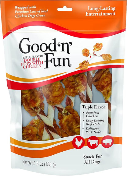 Good 'n' Fun Triple Flavor Double Pops with Chicken, Gourmet Dog Snacks, 5.5 Ounces