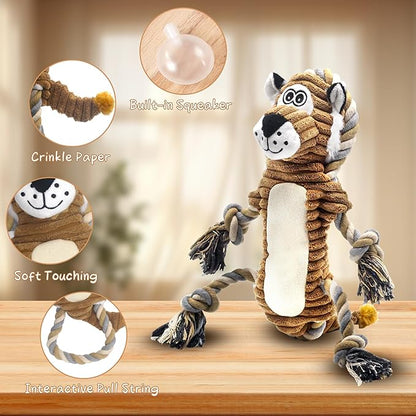 BUYPOW Squeaky Dog Toys, Interactive Tug of War Puppy Toys, Funny Plush Dog Chew Toys, Stuffed Dog Toys for Small,Medium and Large Dogs - Lion