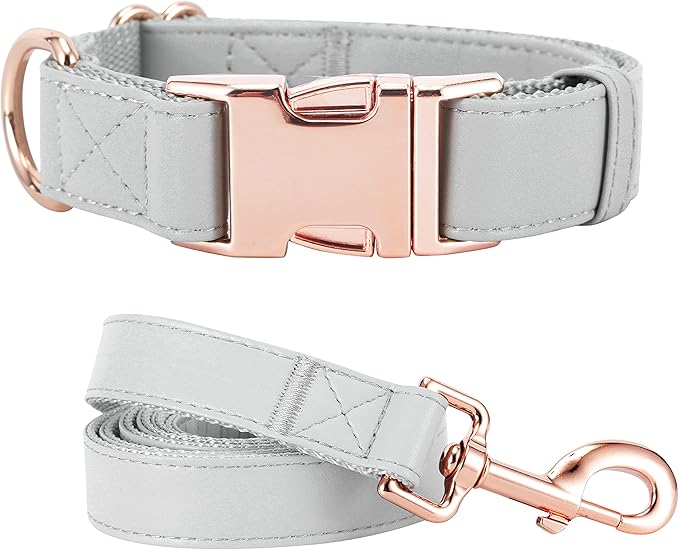 Dog Collar and Leash Set.Soft and Easy to Clean Vegan Leather with Rose Gold Metal Buckle for Small Medium Large Dogs (Grey, M(13.8"-19.7"))