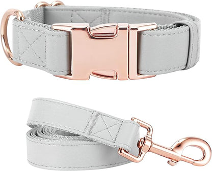 Dog Collar and Leash Set.Soft and Easy to Clean Vegan Leather with Rose Gold Metal Buckle for Small Medium Large Dogs (Grey, L(15.4”-24.8“)