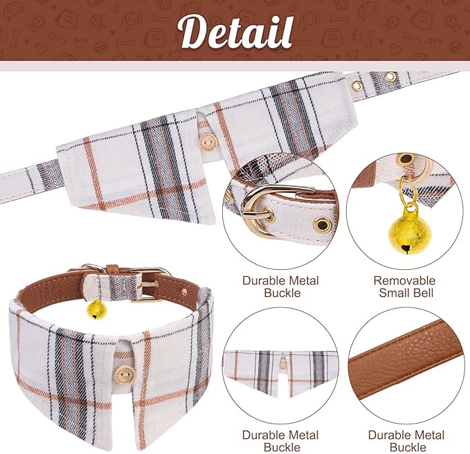 EXPAWLORER Puppy Collar and Leash Set - Classic Plaid Small Dog Collar with Bow Tie, Cute Dog Collar and Leash Set, Adjustable Dog Collar for Small Dogs Cats Holiday Birthday Gifts, Beige S-M