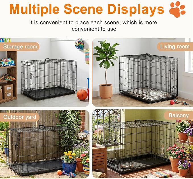 FDW Large Dog Crate 42inch Dog Cage Foldable Metal Kennel with Leakproof Tray Foldable Design Indoor Outdoor Use for Large Dogs,Black