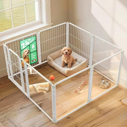 FXW AuraSpace Pro Acrylic & Wire Mesh Indoor Dog Playpen, 24" Height 8 Panels Metal Dog Pen for Puppies & Small Dogs, White│Patented