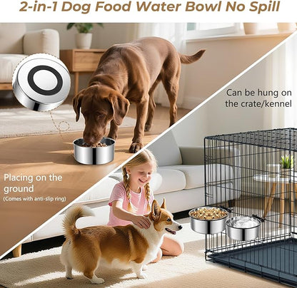 2 Pack Large Kennel Bowls Mountable,Dog Crate Water Bowl No Spill,Hanging Dog Bowl for Crate Cage,Stainless Steel Dogs Water Feeder Dish for Dogs Cats Bunny Ferret Bird,Silver
