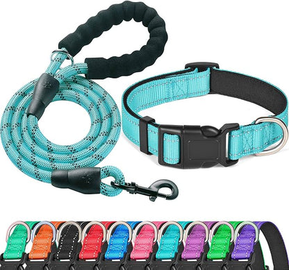 Ladoogo Reflective Dog Collar Padded with Soft Neoprene Breathable Adjustable Nylon Dog Collars for Small Medium Large Dogs (X-Small (Pack of 1), Blue Collar+Leash)