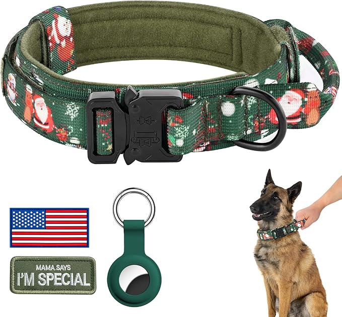 DAGANXI Christmas Tactical Dog Collar, Adjustable Military Training Nylon Dog Collar with Control Handle and Metal Buckle for Medium and Large Dogs, with Patches and Airtags Case (L, Christmas Green)