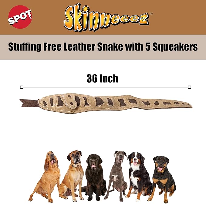 SPOT Skinneeez Leather Snake – 36" Stuffing-Free Dog Toy with Real Leather & 5 Squeakers, Tug Toy for Light to Moderate Chewers, Ideal for Large & XL Dogs