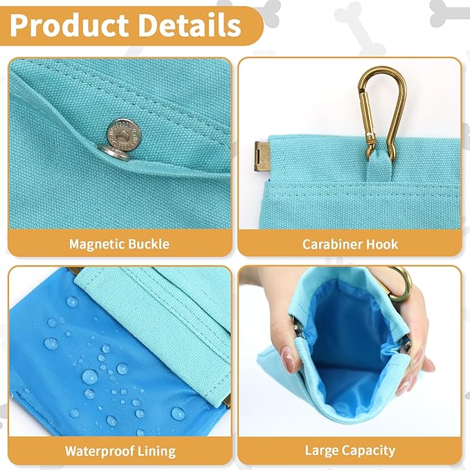 Dog Treat Pouch, Hand Free Dog Training Treat Bag with Carabiner & Magnetic Buckle, Auto Closing Pet Walking Bag for Puppy Travel or Outdoor Use, Pet Feed Snack Reward Pocket, Blue