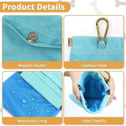 Dog Treat Pouch, Hand Free Dog Training Treat Bag with Carabiner & Magnetic Buckle, Auto Closing Pet Walking Bag for Puppy Travel or Outdoor Use, Pet Feed Snack Reward Pocket, Blue
